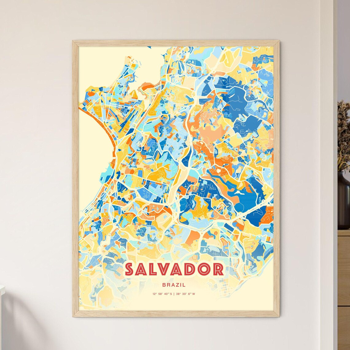 Salvador Brazil City Map Art Poster Blue Orange Street Style