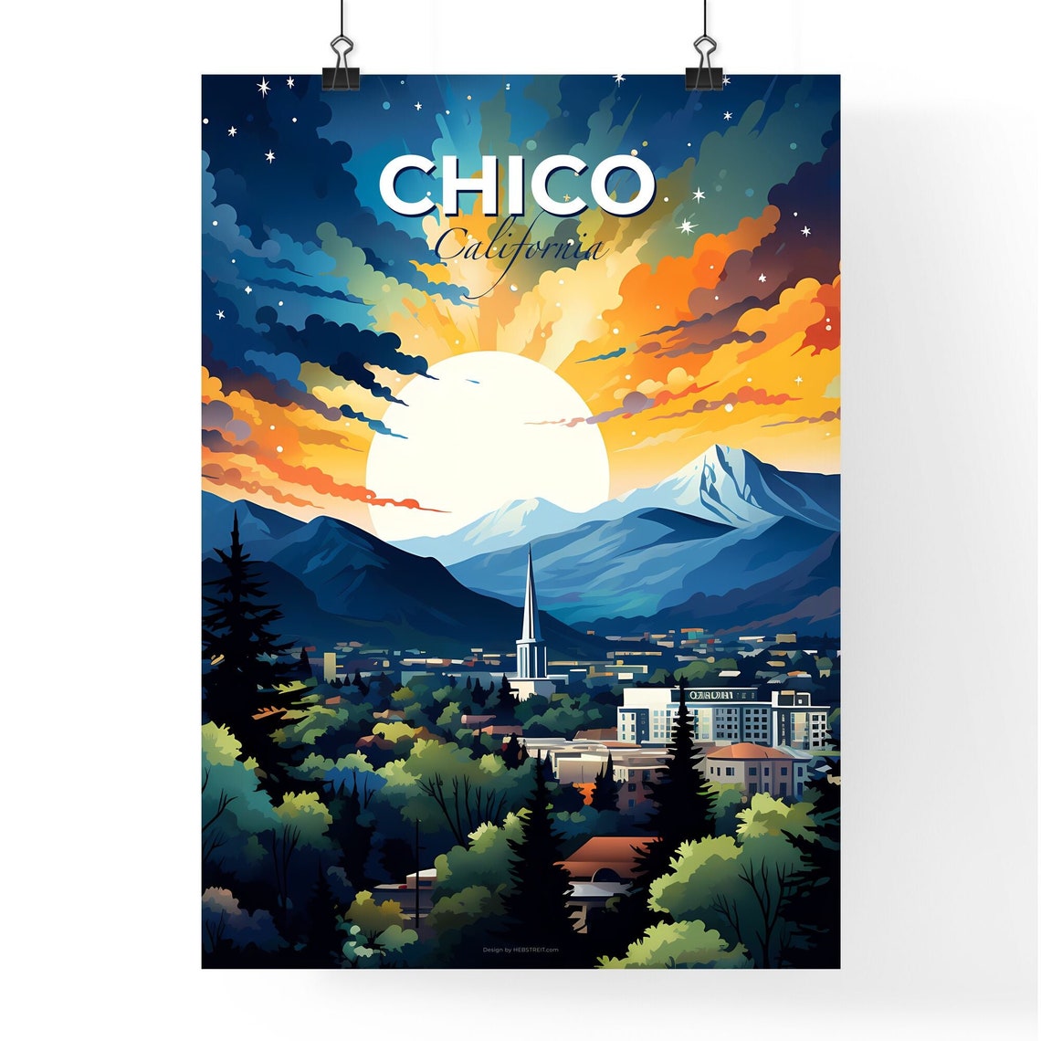 Chico California Big Sun Mountain Town Evergreen Sunset Poster - Image 4