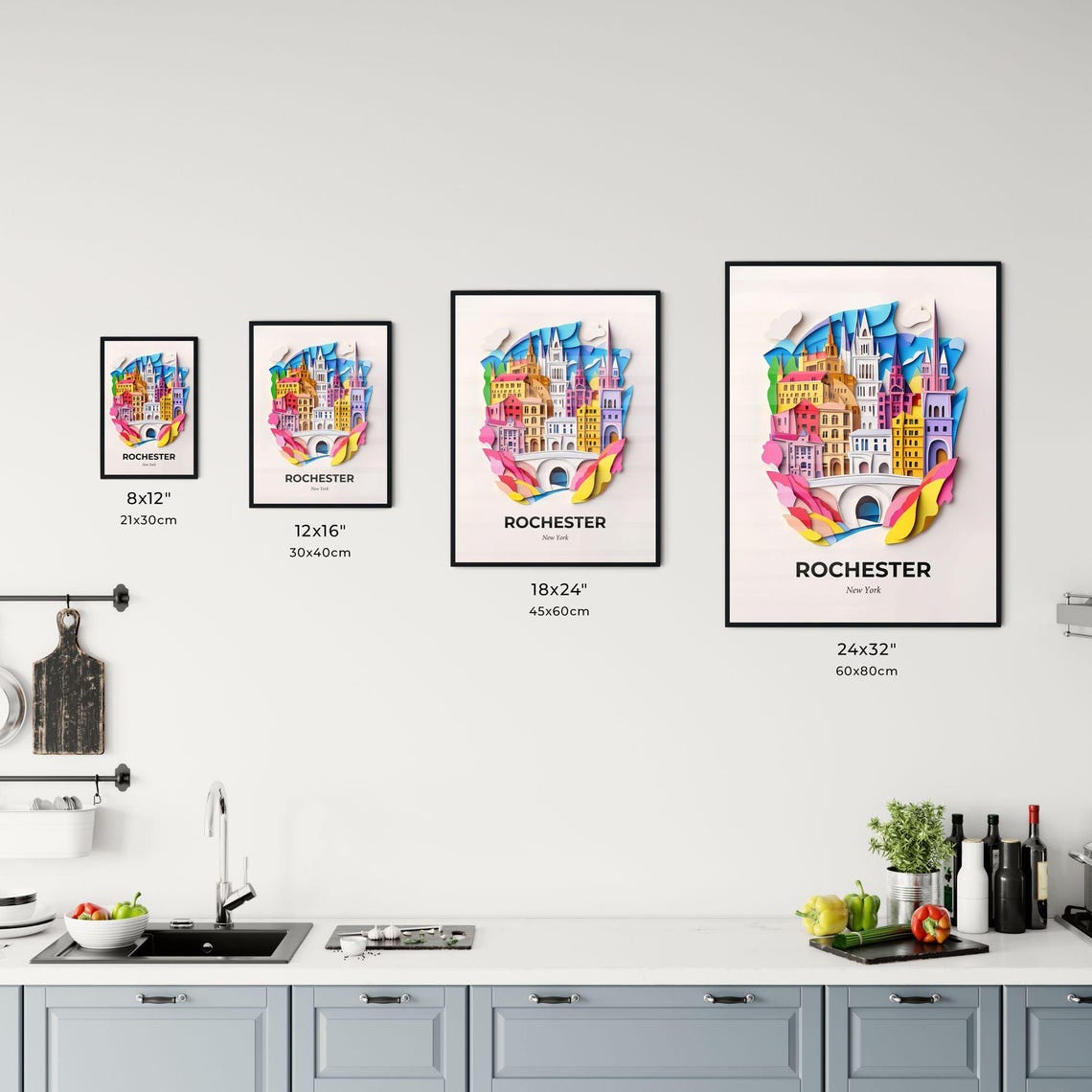 Rochester New York Town Bridge Spires Vivid Paper Cut Art Poster - Image 3