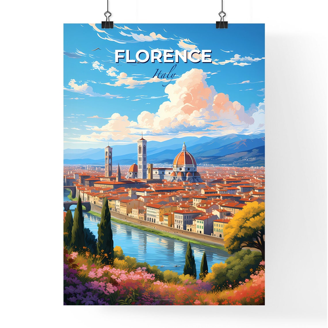 Florence Italy Colorful Scenic Illustrated City Travel Art Poster - Image 4