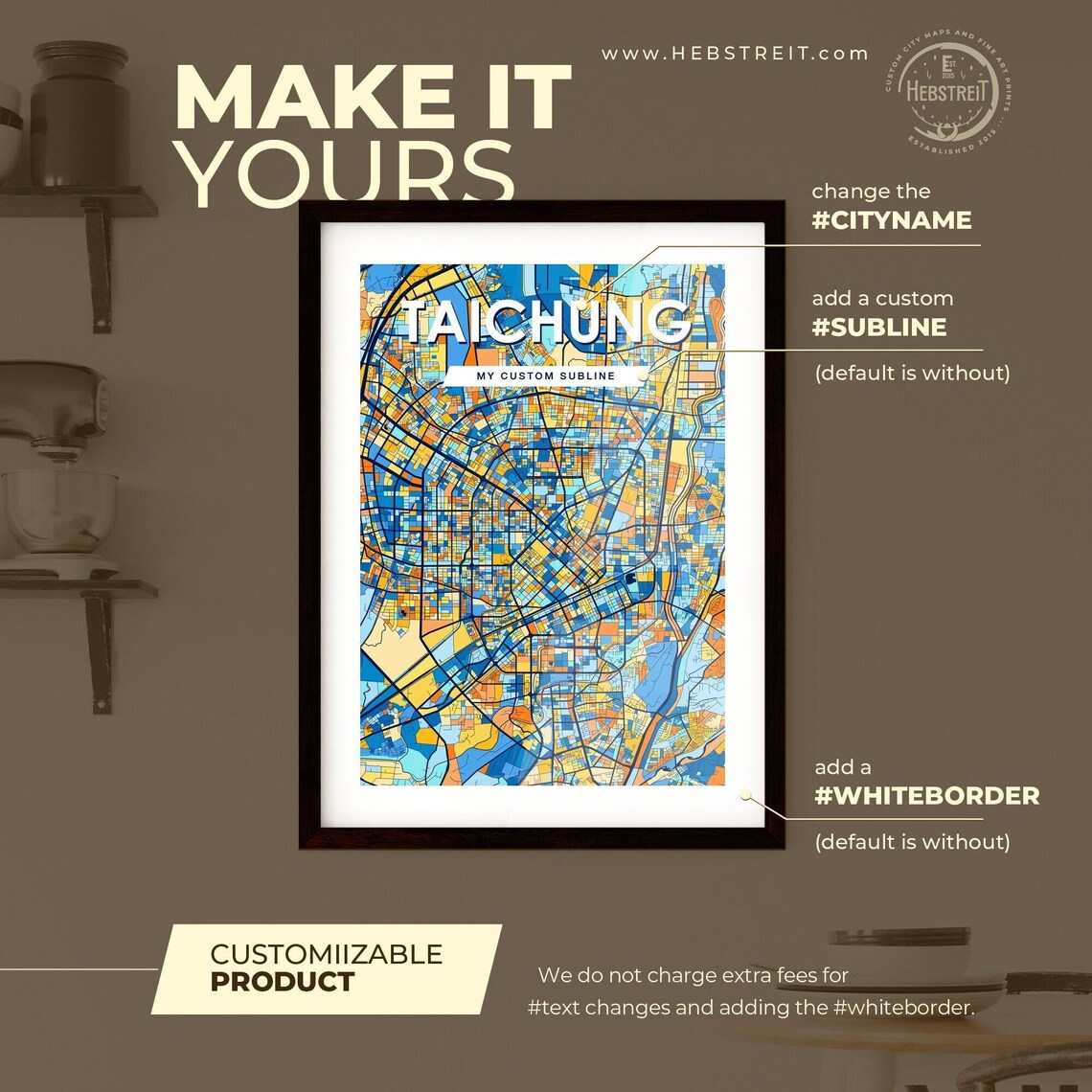 Taichung Taiwan Stylish Vibrant Blue and Orange Mosaic City Map Poster - Image 2
