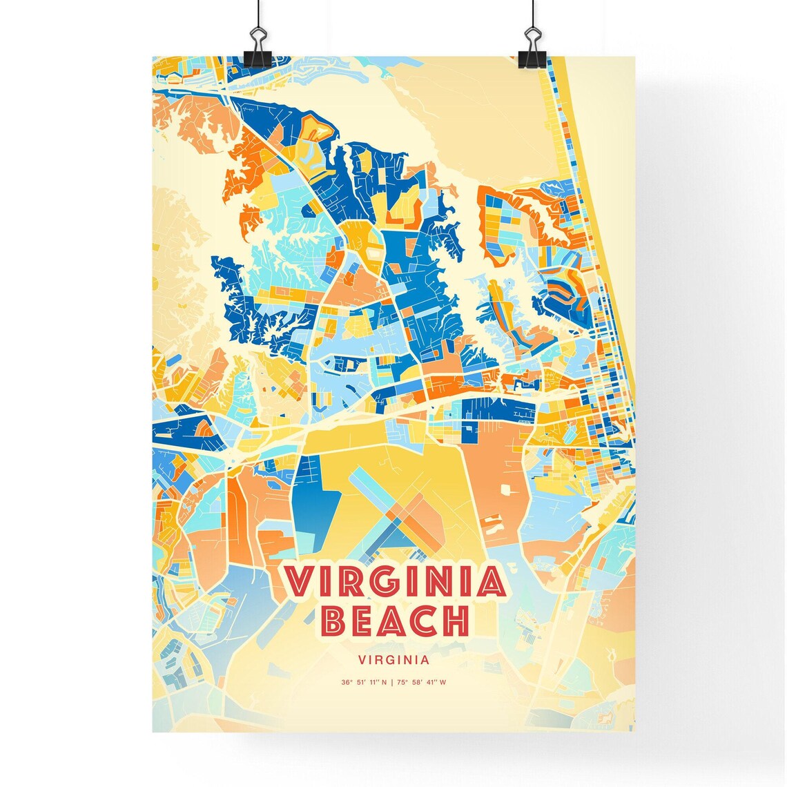 Virginia Beach Virginia Colorful City Map Art Blue Orange Streets Poster - Image 3