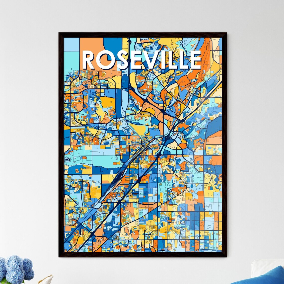 Roseville California Vibrant Colorful Illustrated Street Map Art Poster