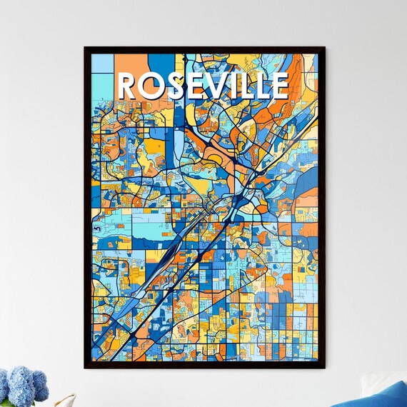 Roseville California Vibrant Colorful Illustrated Street Map Art Poster