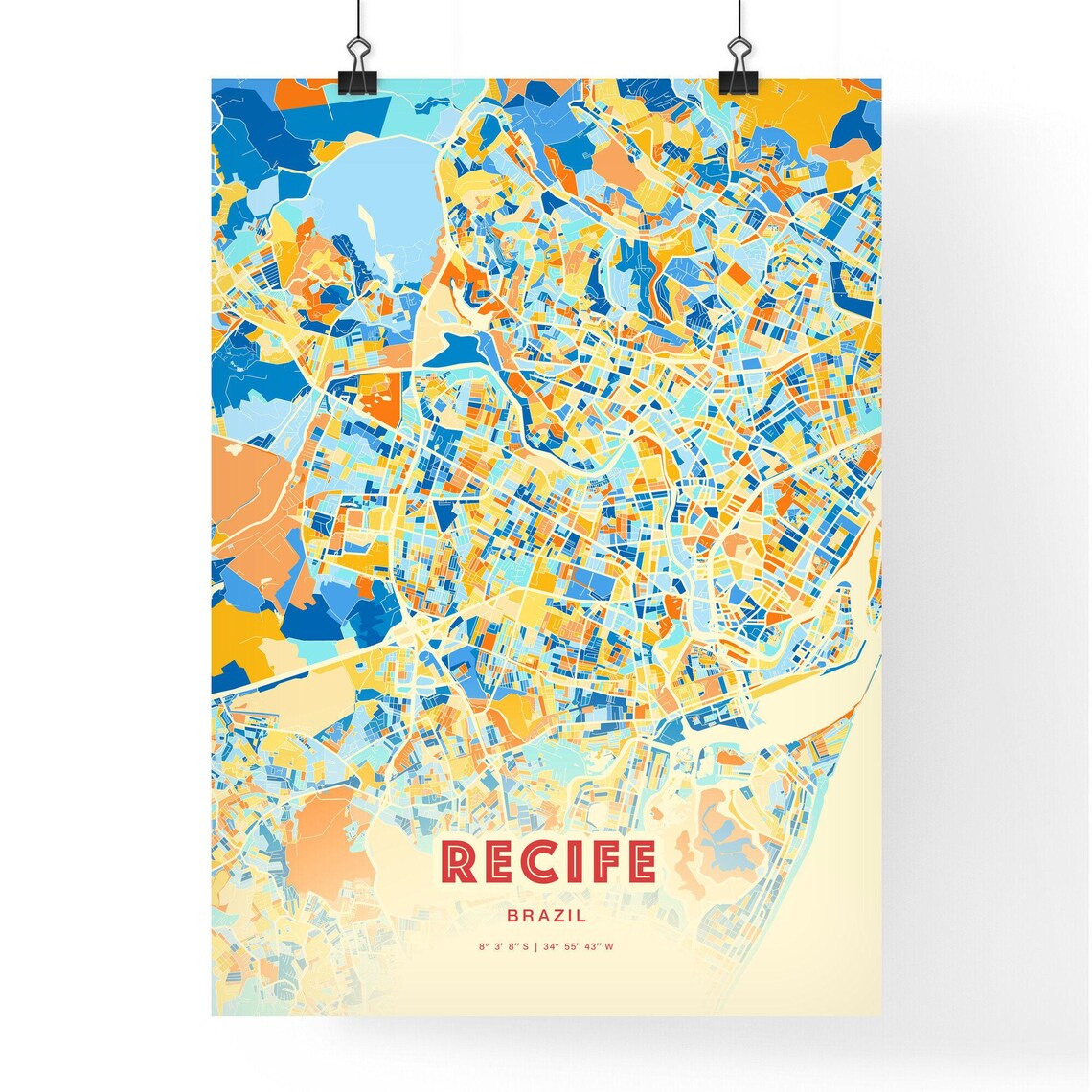 Recife Brazil Vibrant Colorful Modern City Street Map Art Poster - Image 3
