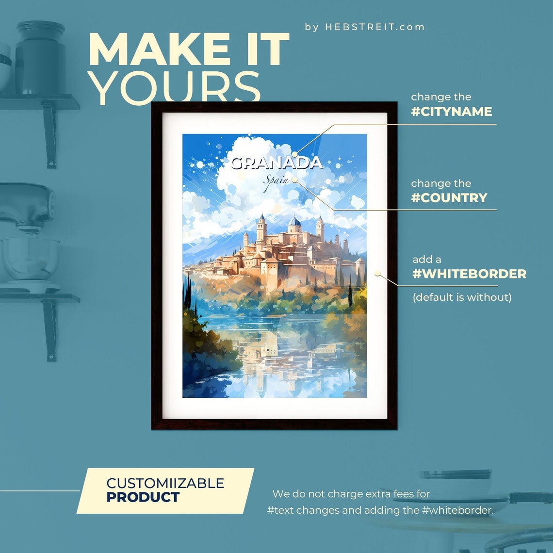 Granada Spain Hilltop Castle Riverside Watercolor Travel Poster - Image 2