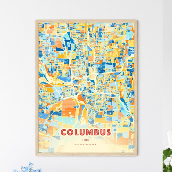 Columbus Ohio City Map Art Poster in Bold Blue and Orange Style