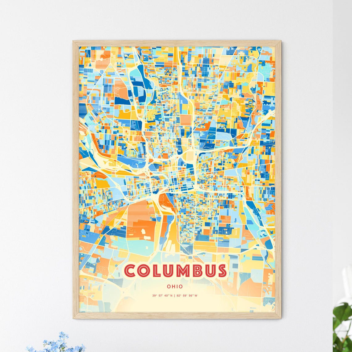Columbus Ohio City Map Art Poster in Bold Blue and Orange Style