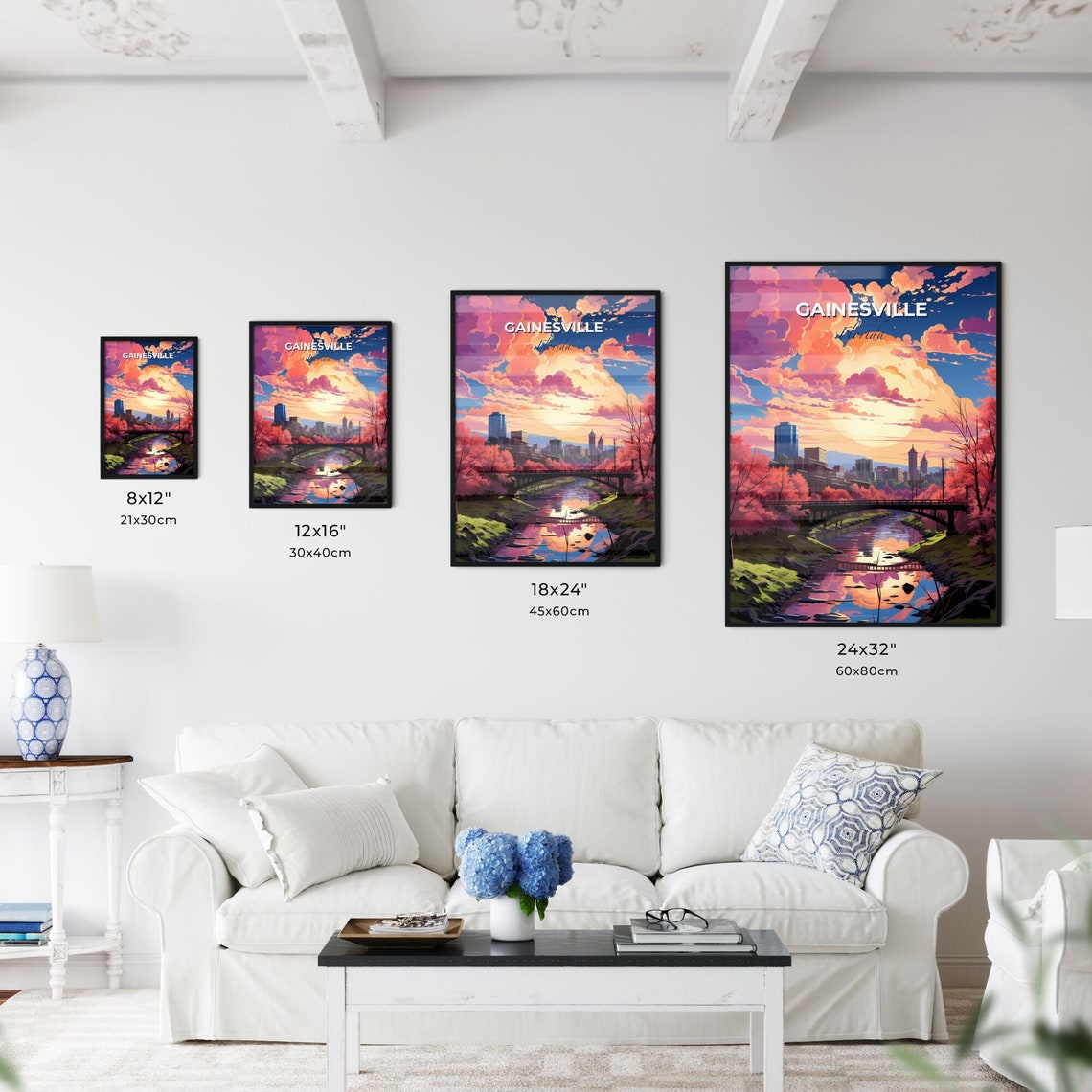 Gainesville Florida Sunset Skyline Over River Bridge Travel Poster - Image 3