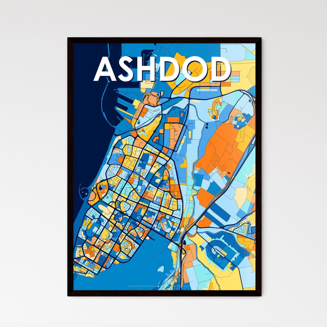 Ashdod Israel Stylish Vibrant Blue and Orange Mosaic City Map Poster