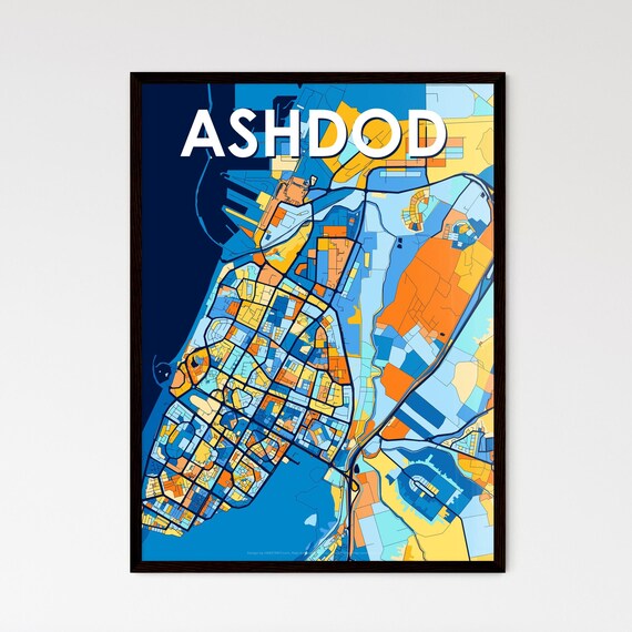 Ashdod Israel Stylish Vibrant Blue and Orange Mosaic City Map Poster