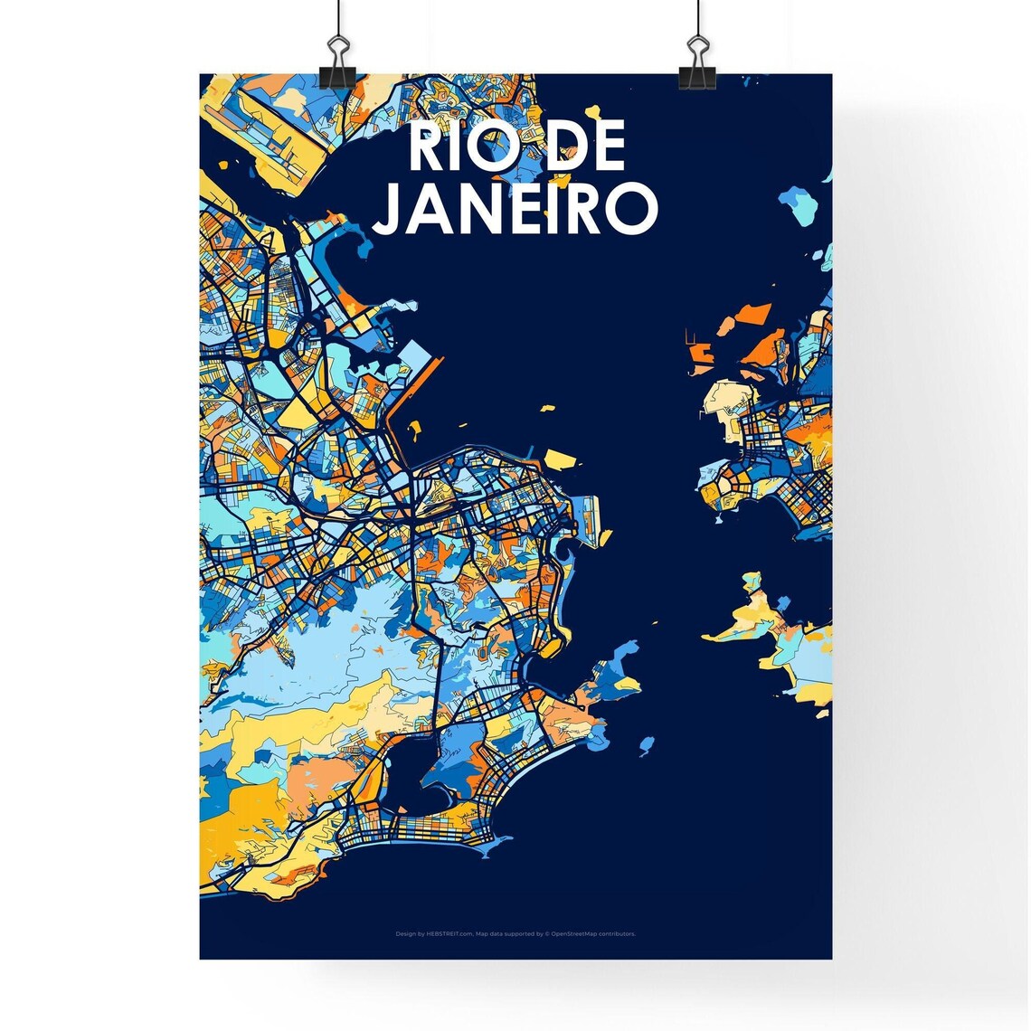 Rio de Janeiro Brazil Stylish Vibrant Blue and Orange Mosaic City Map Poster - Image 4