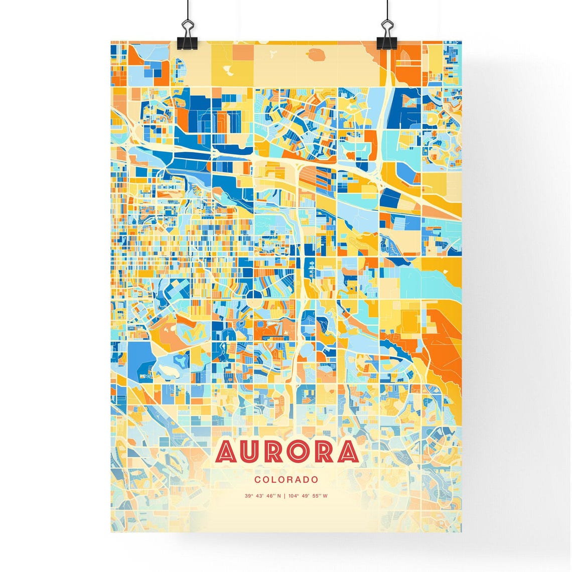 Aurora Colorado City Map Art Poster in Bold Blue and Orange Tones - Image 3