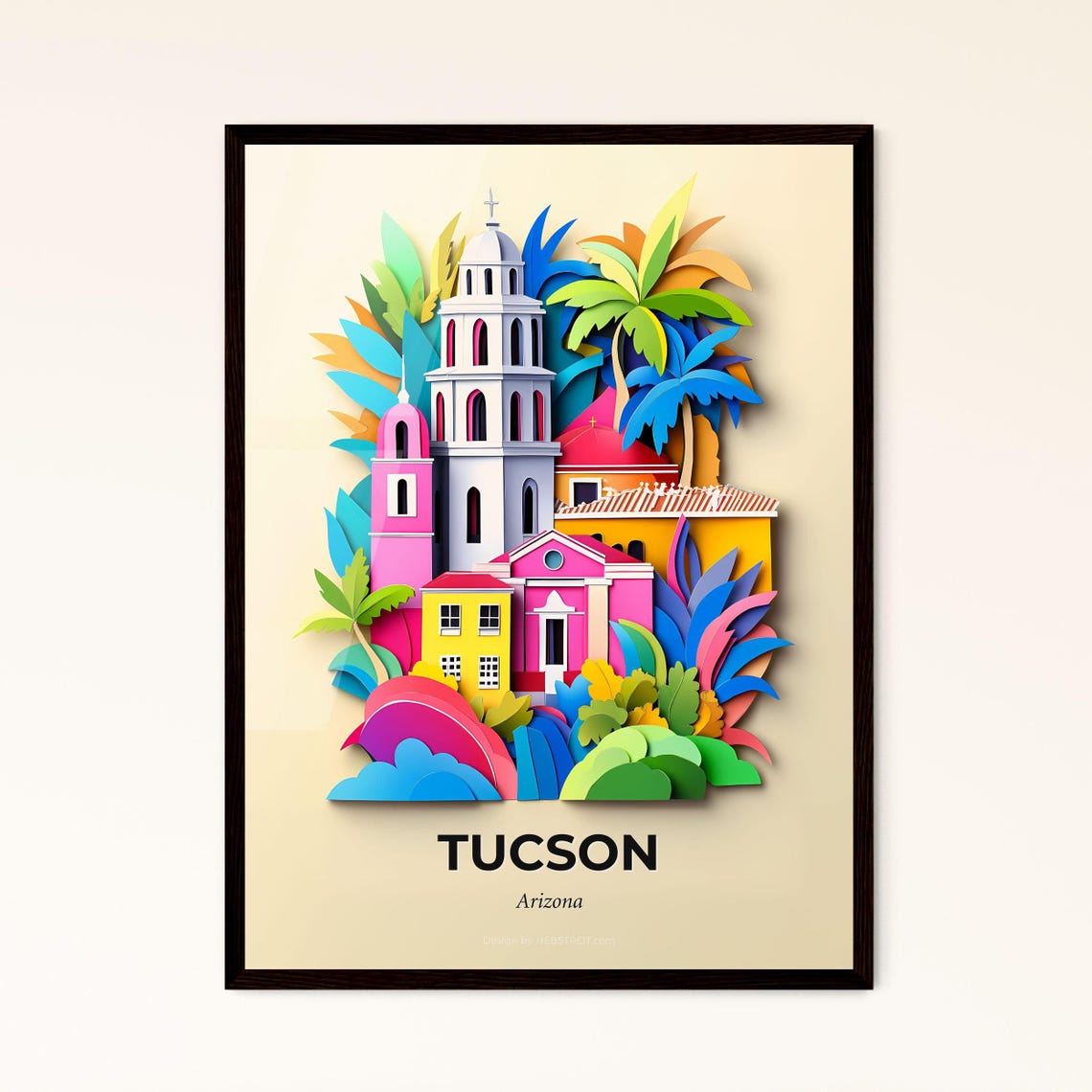 Tucson Arizona Mission Church And Palms Paper Cut Art Poster