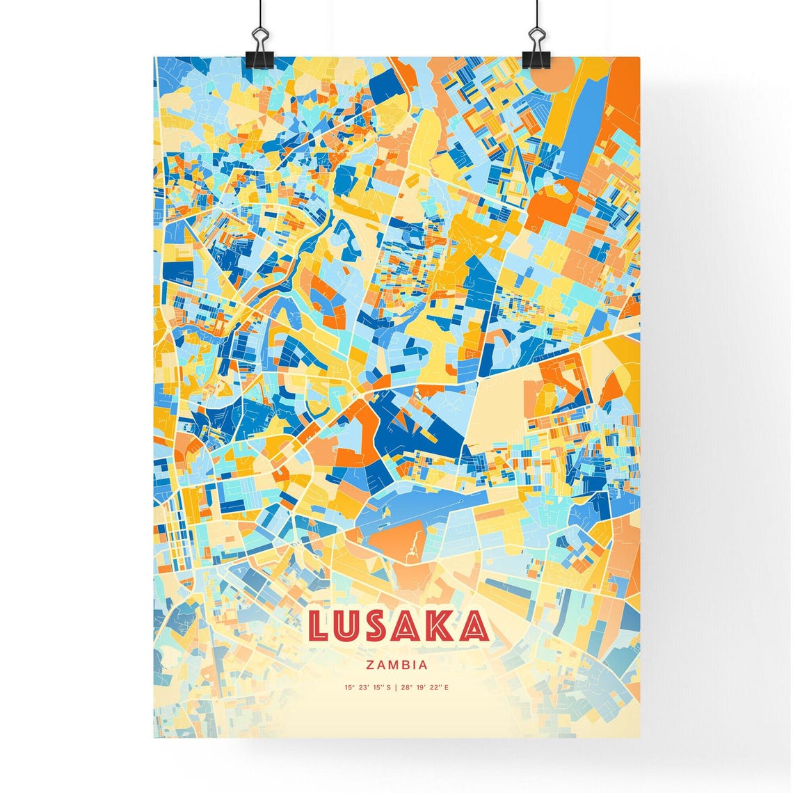 Lusaka Zambia Vivid Blue Orange Colorful Abstract City Map Art Poster - Image 3