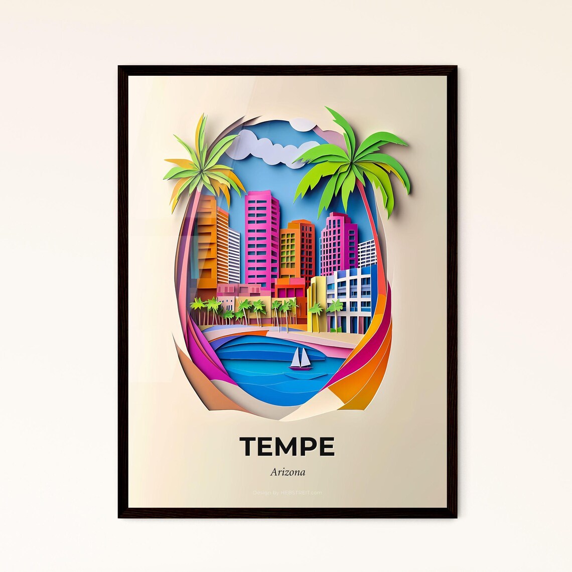 Tempe Arizona Sunny Palm Trees Lake Colorful Paper Cut Poster