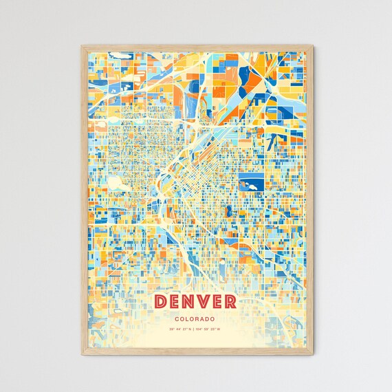 Denver Colorado Colorful City Map Poster Blue Orange USA Travel Decor