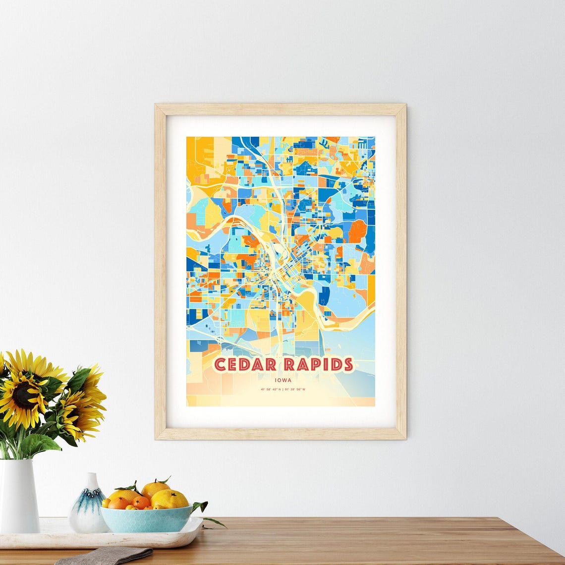 Cedar Rapids Iowa Modern Geometric Blue Orange City Map Art Poster - Image 2