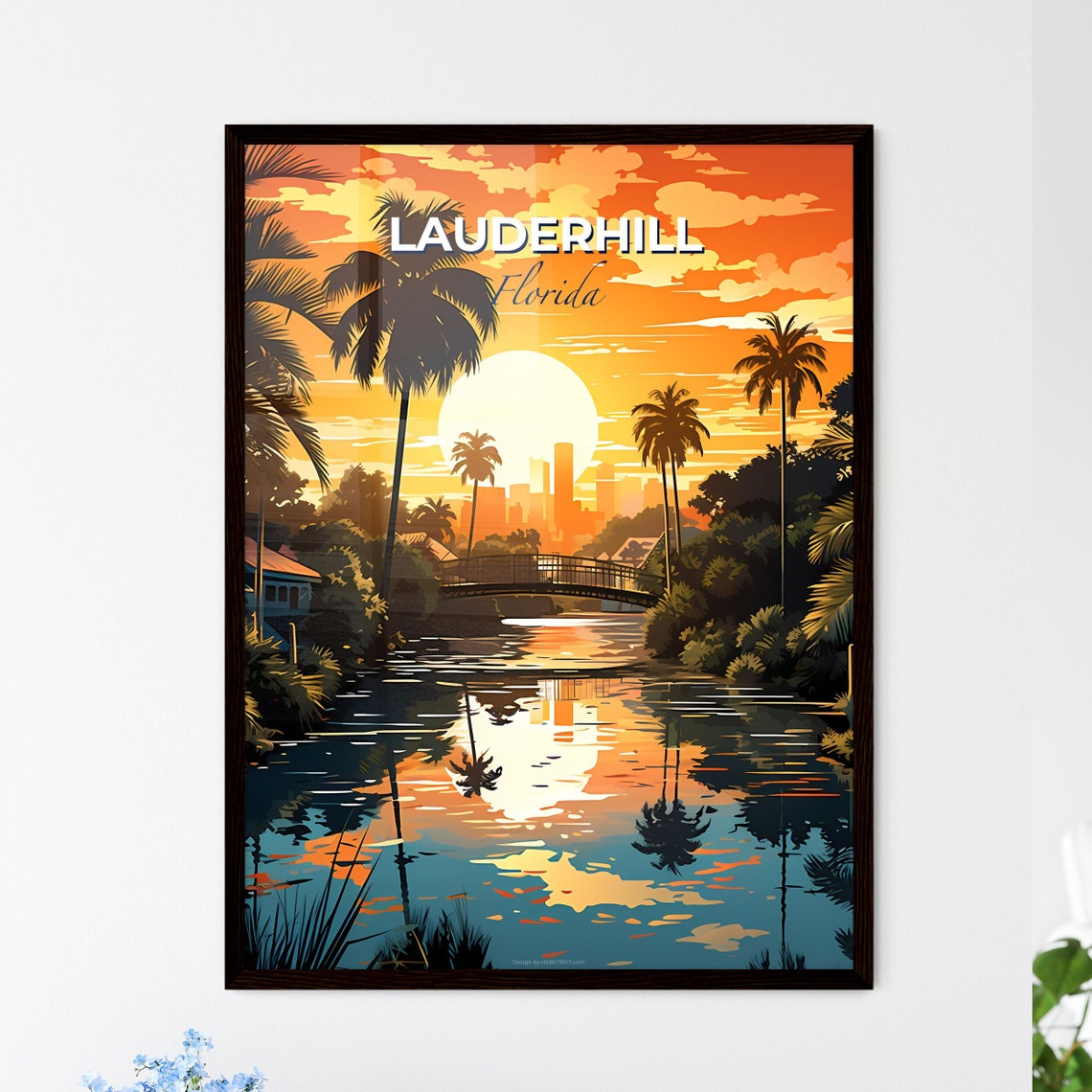 Lauderhill Florida Golden Sunset River Palm Trees Bridge Poster