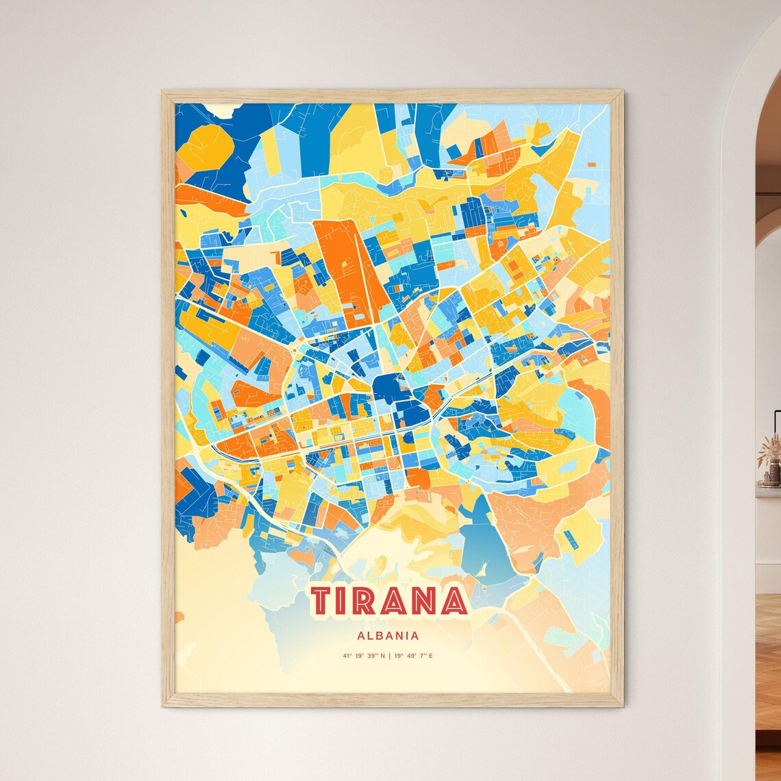 Tirana Albania Colorful City Map Art Poster Blue And Orange Street Grid