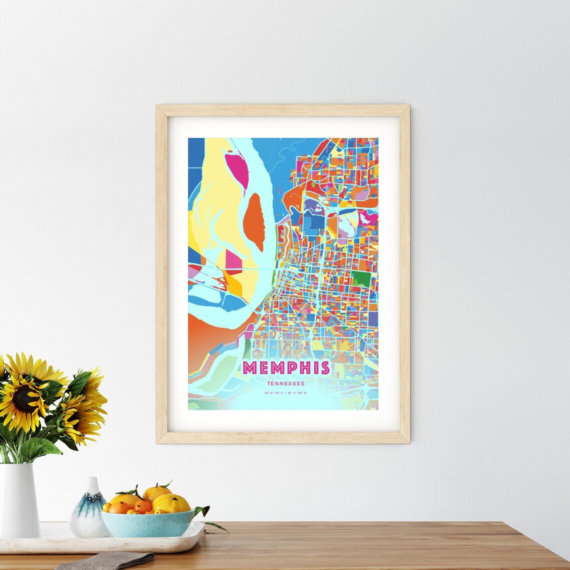 Memphis Tennessee Colorful City Map Art Poster in Pink and Turquoise - Image 2