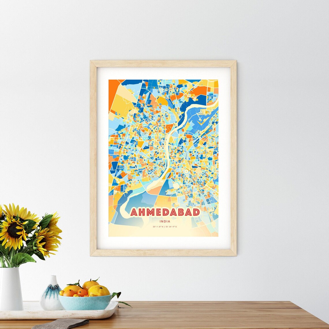 Ahmedabad India Colorful City Map Poster Blue Orange Vibrant Wall Decor - Image 2