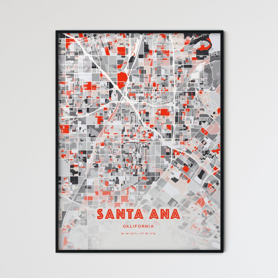 Santa Ana California Bold Red and Gray Modern Abstract City Map Poster