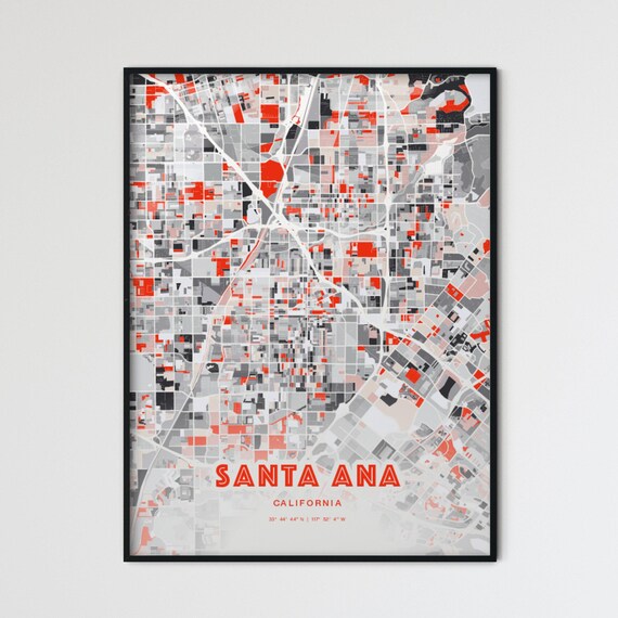 Santa Ana California Bold Red and Gray Modern Abstract City Map Poster