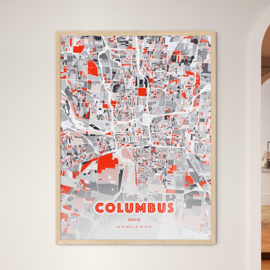 Columbus Ohio Expressive Red and Black City Map Artwork Poster