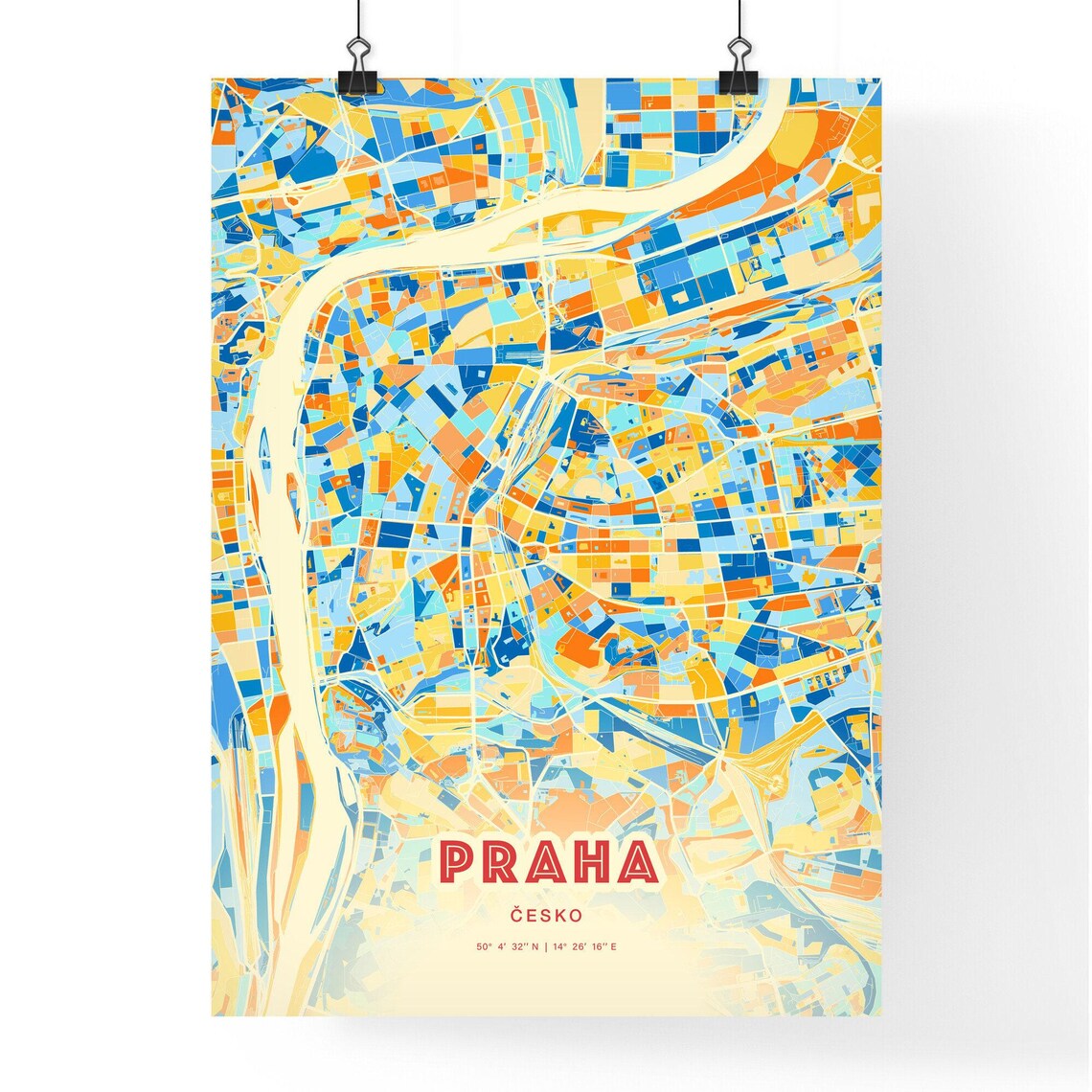 Praha Czechia Colorful Blue Orange Abstract City Street Map Art Poster - Image 3