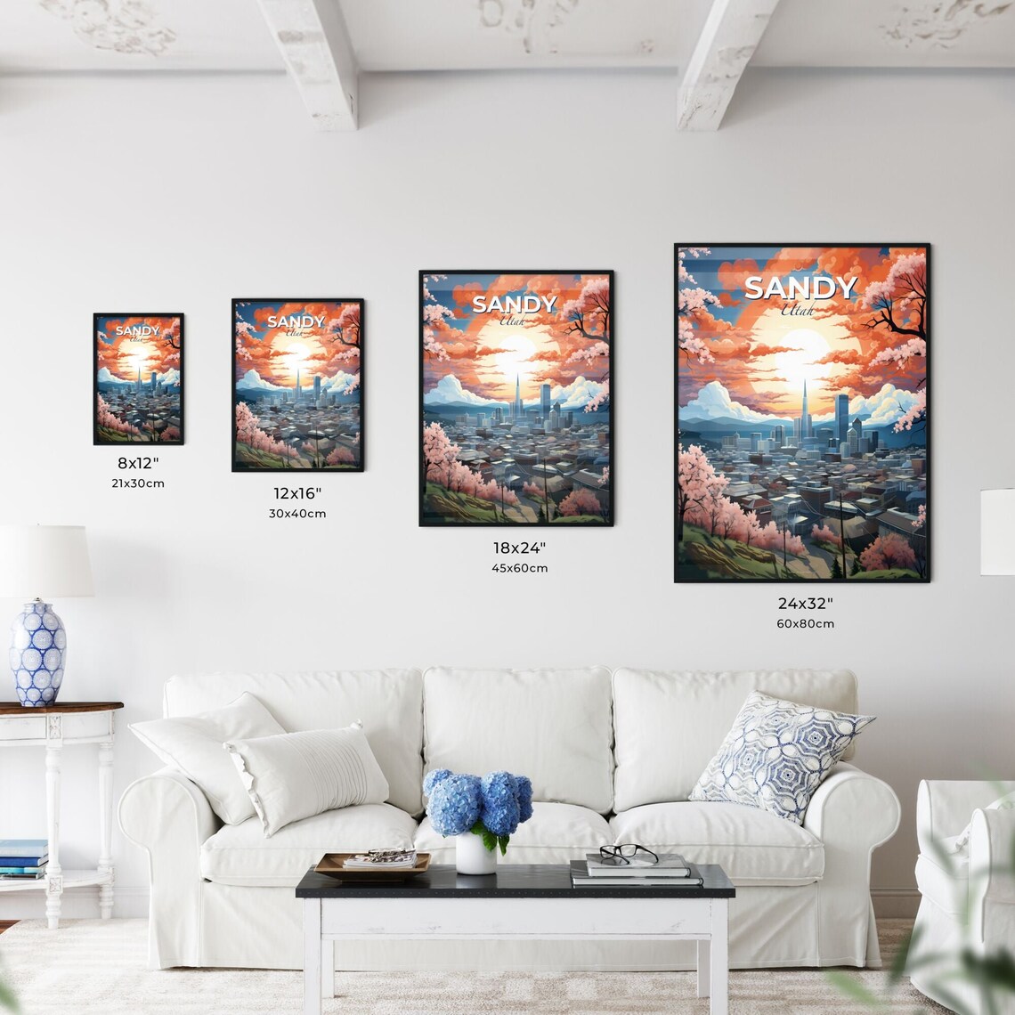 Sandy Utah City Skyline Sunset With Cherry Blossom Trees Poster - Image 3