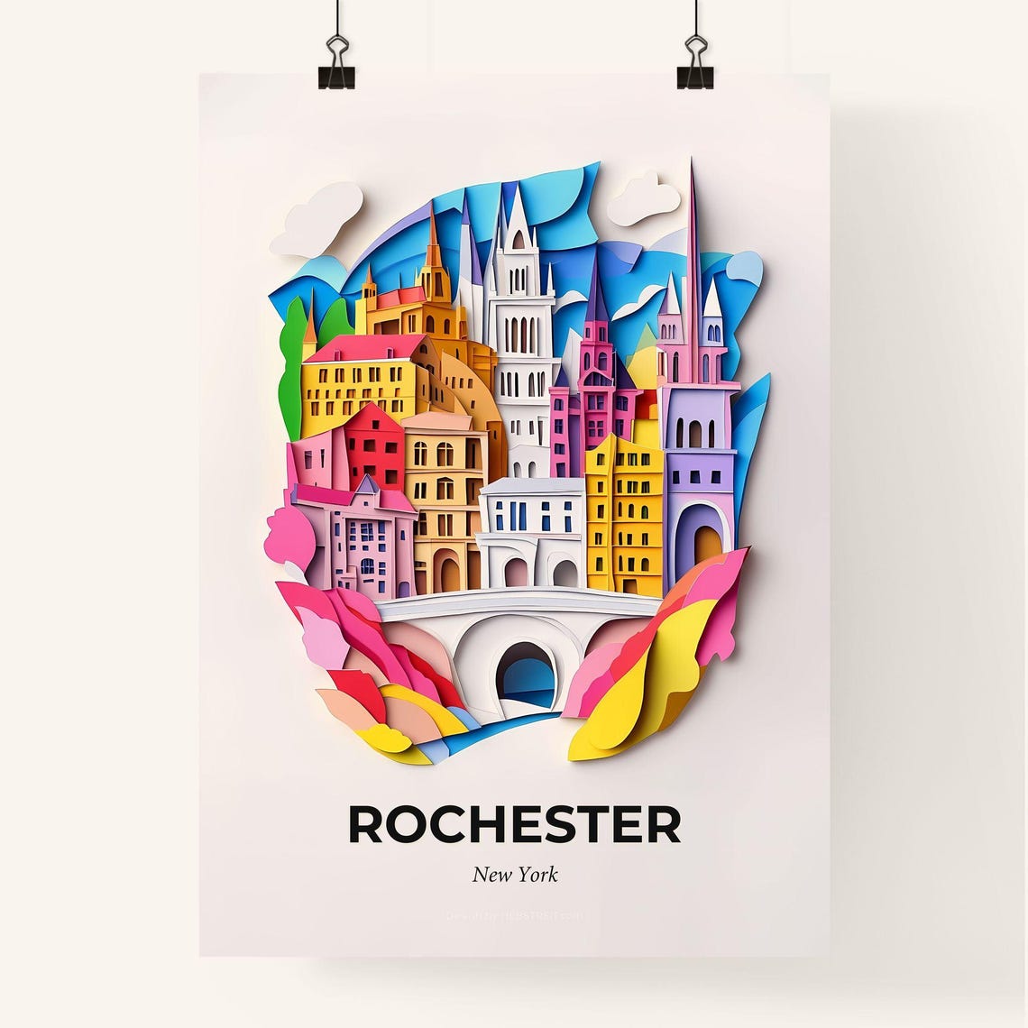 Rochester New York Town Bridge Spires Vivid Paper Cut Art Poster - Image 4