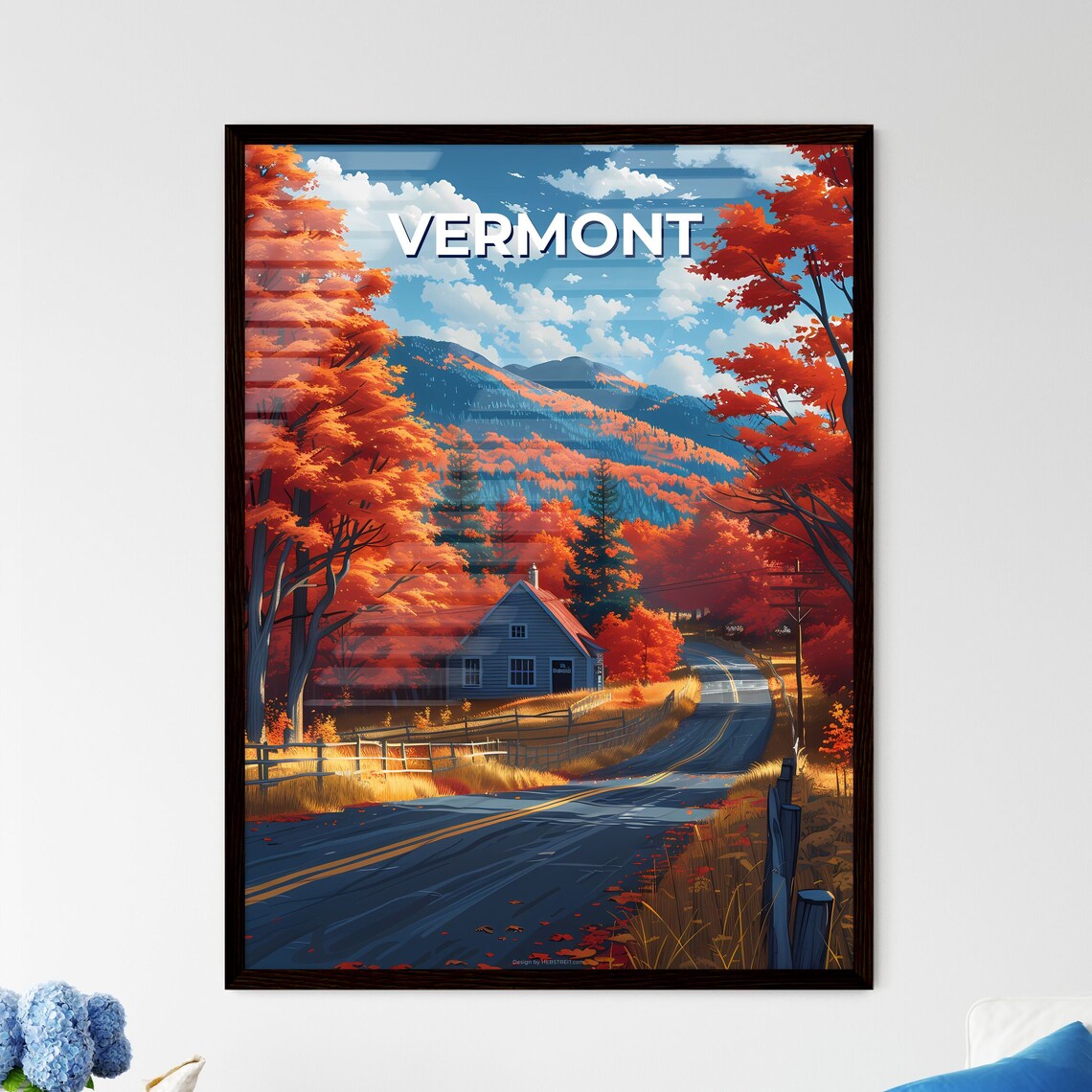 Vermont Autumn Country Road Farmhouse Fall Foliage Travel Poster