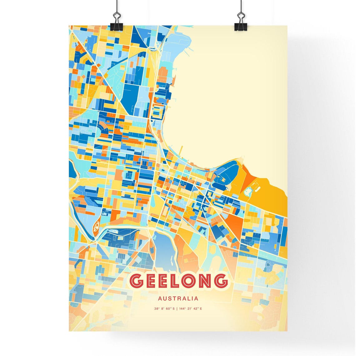 Geelong Australia City Map Abstract Blue Orange Modern Art Print - Image 3