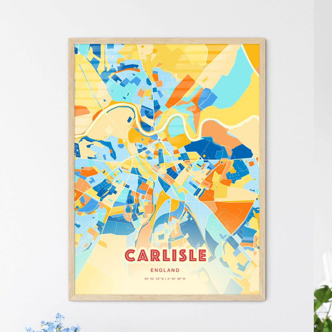 Carlisle England Colorful Blue Orange Map Art Poster Wall Decor