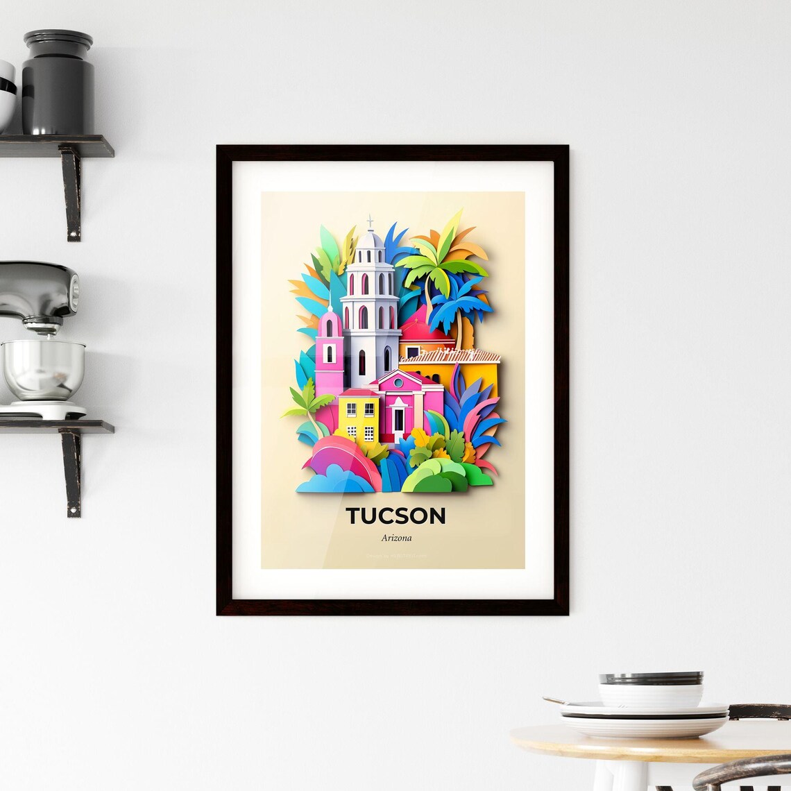 Tucson Arizona Mission Church And Palms Paper Cut Art Poster - Image 2