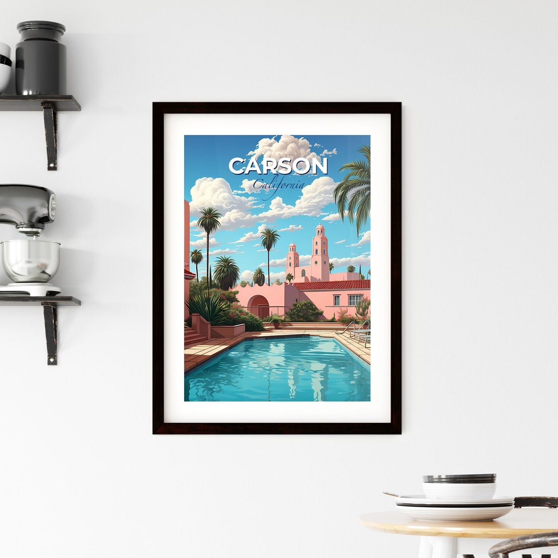 Carson California Courtyard Pool Travel Poster Palm Trees City Art - Image 2