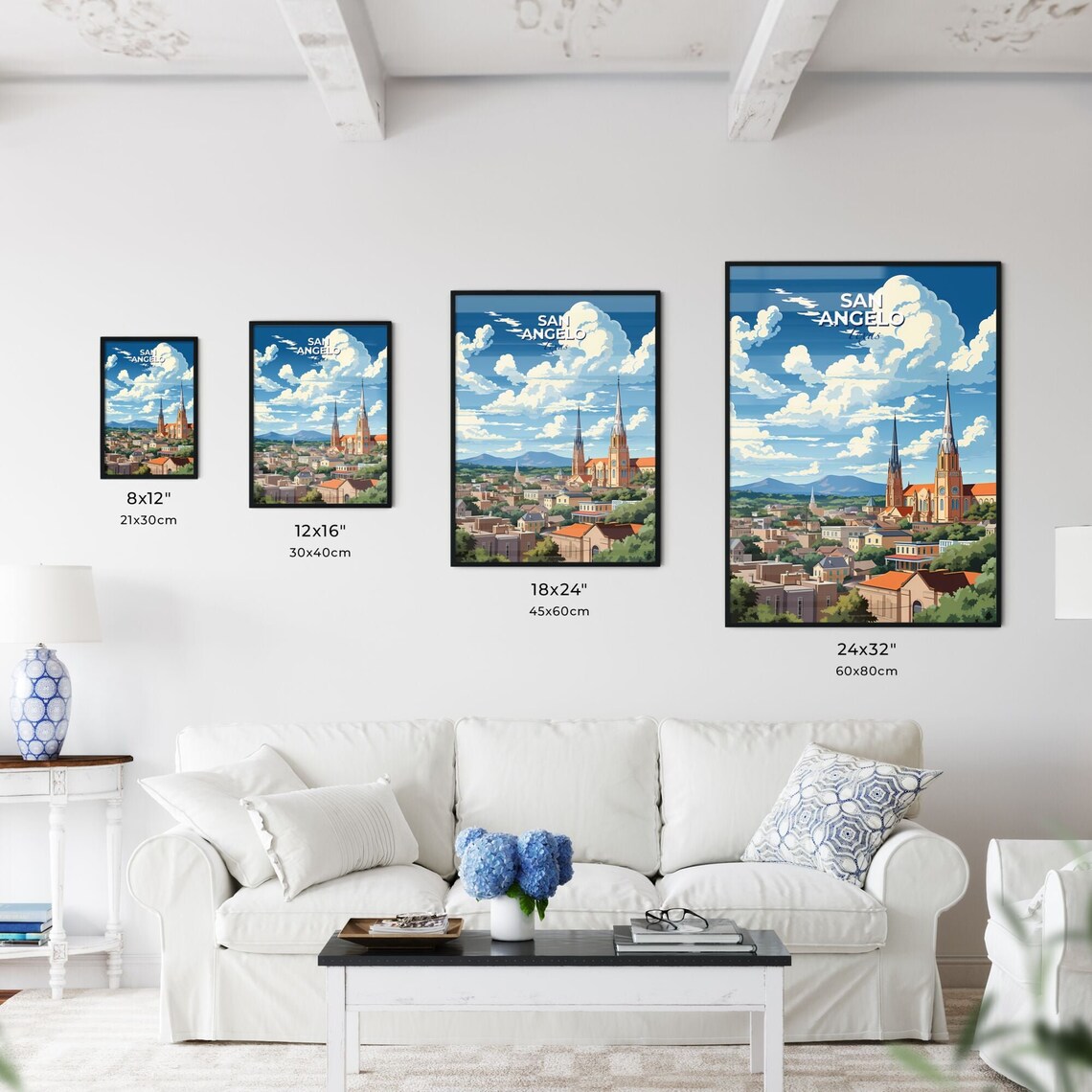 San Angelo Texas Church Spires Blue Sky Town View Travel Poster - Image 3