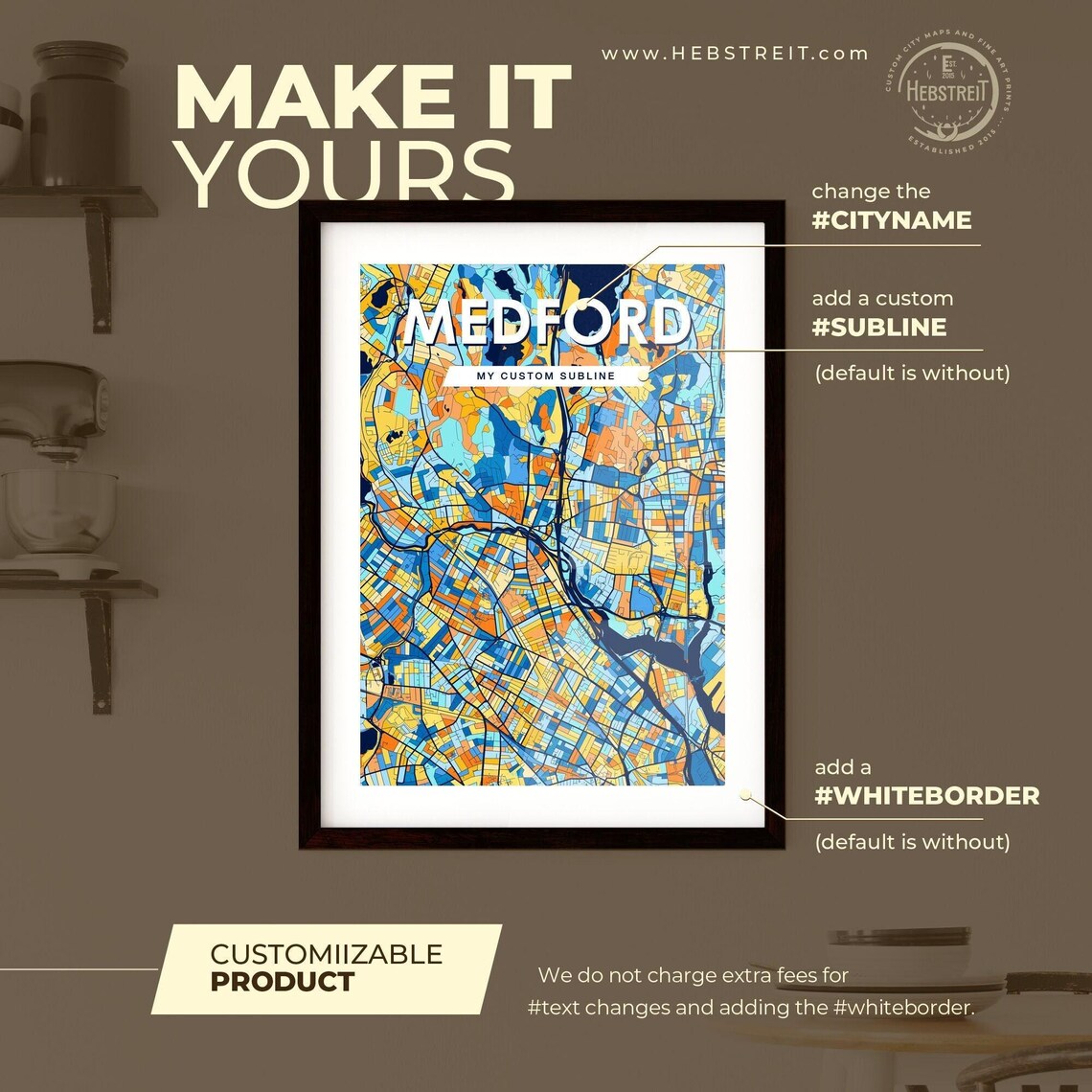 Medford Massachusetts Vibrant Colorful Illustrated Street Map Art Poster - Image 2