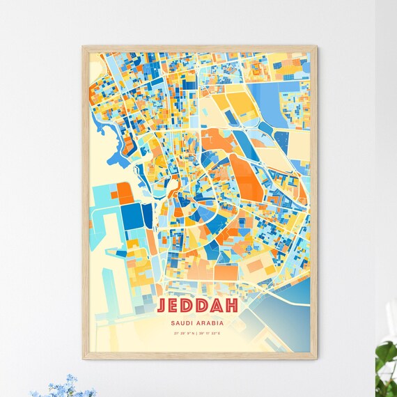 Jeddah Saudi Arabia City Map Abstract Blue Orange Modern Art Print
