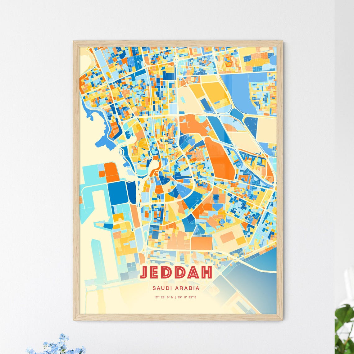 Jeddah Saudi Arabia City Map Abstract Blue Orange Modern Art Print
