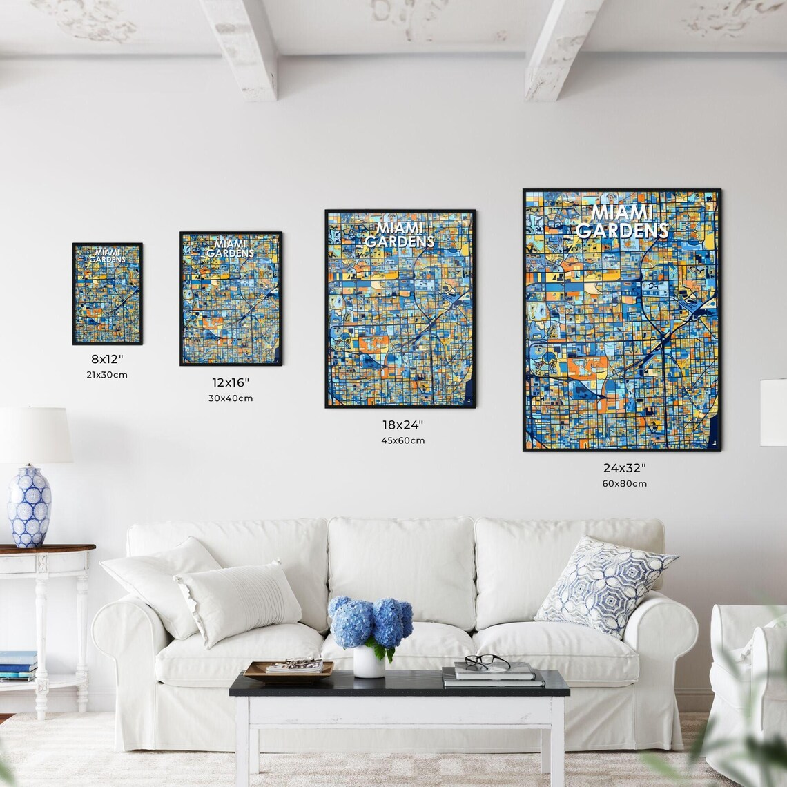Miami Gardens Florida Stylish Vibrant Blue and Orange Mosaic City Map Poster - Image 3