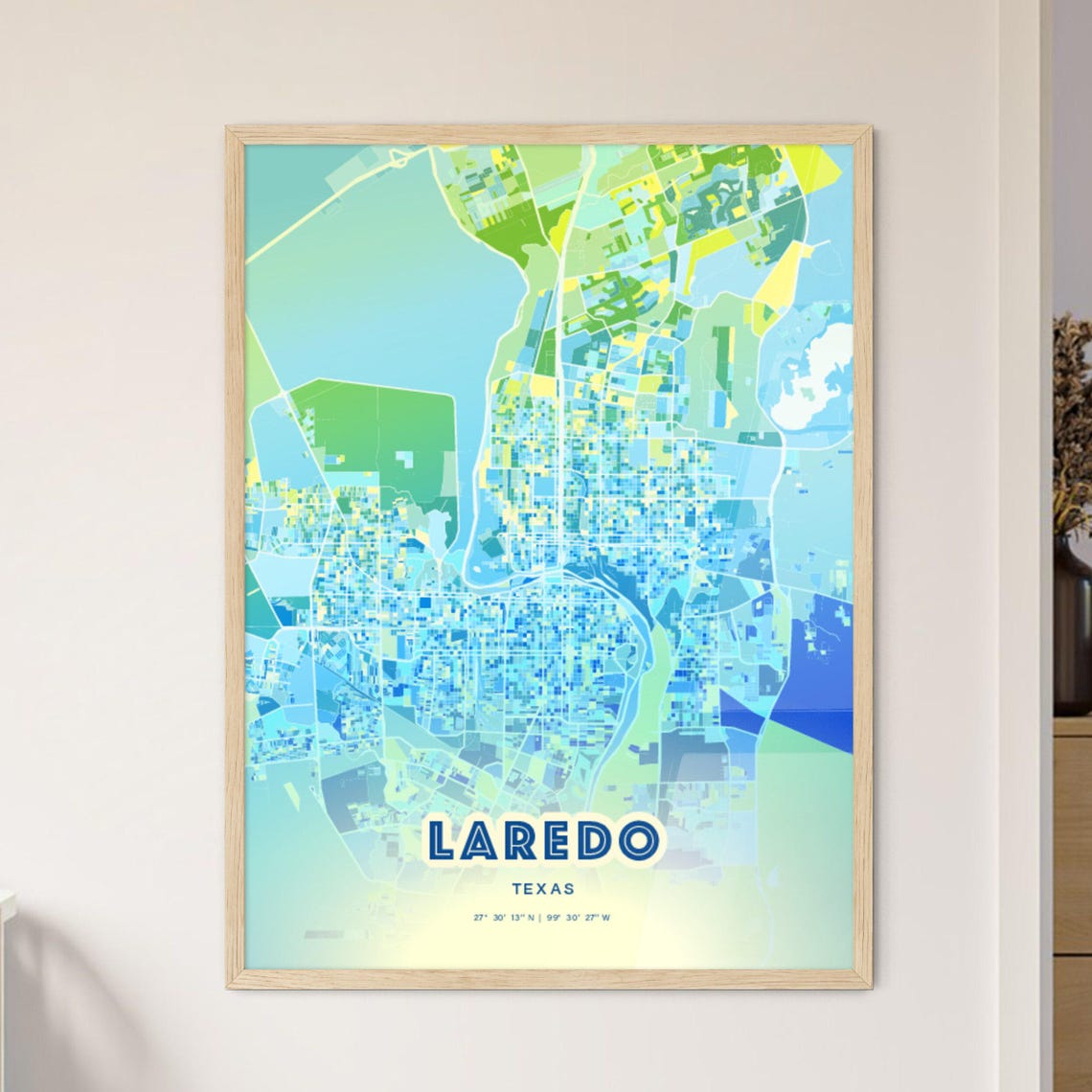 Laredo Texas Bluish Watercolor Modern Decorative City Map Art Poster