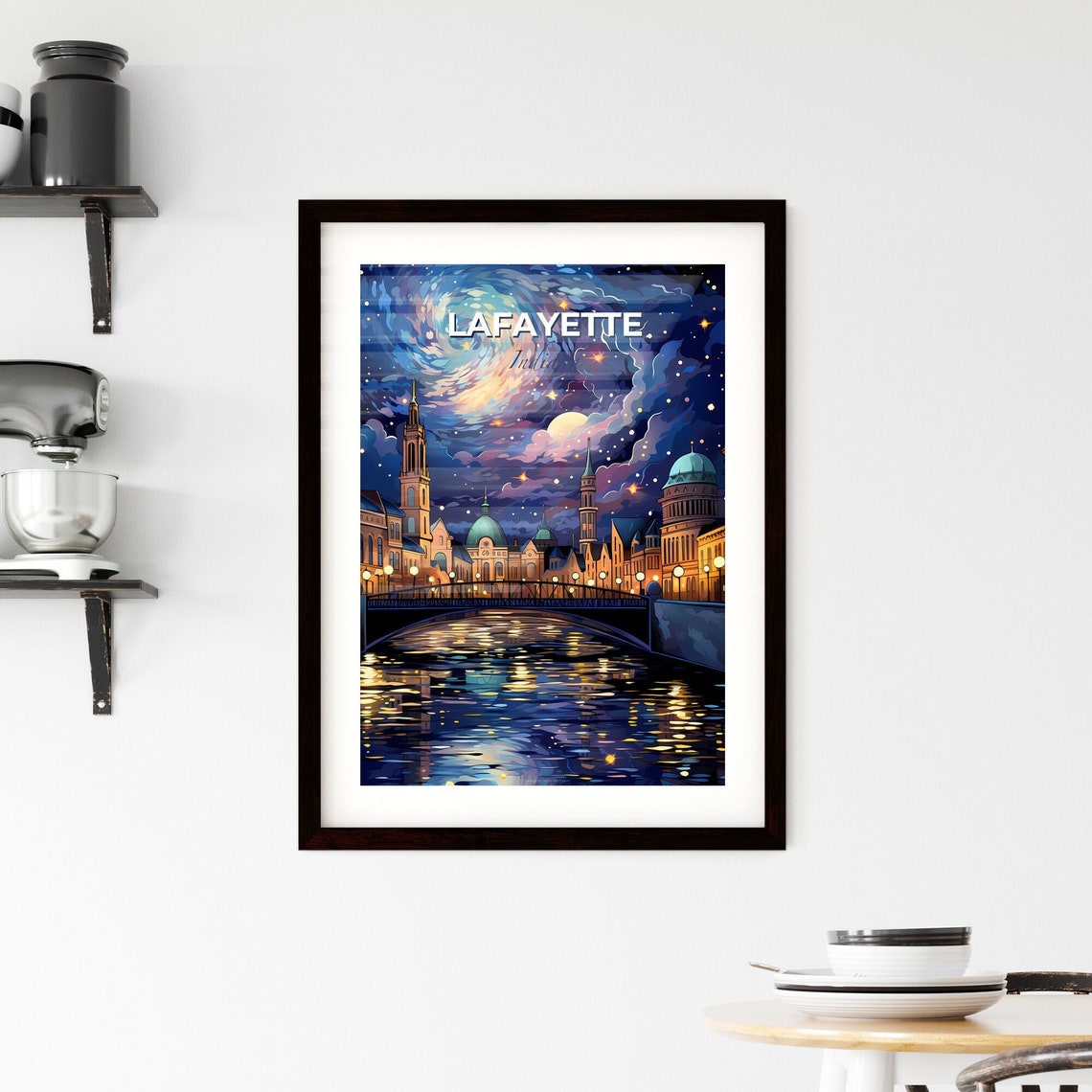 Lafayette Indiana Starry Night River Bridge Old Town Art Poster - Image 2