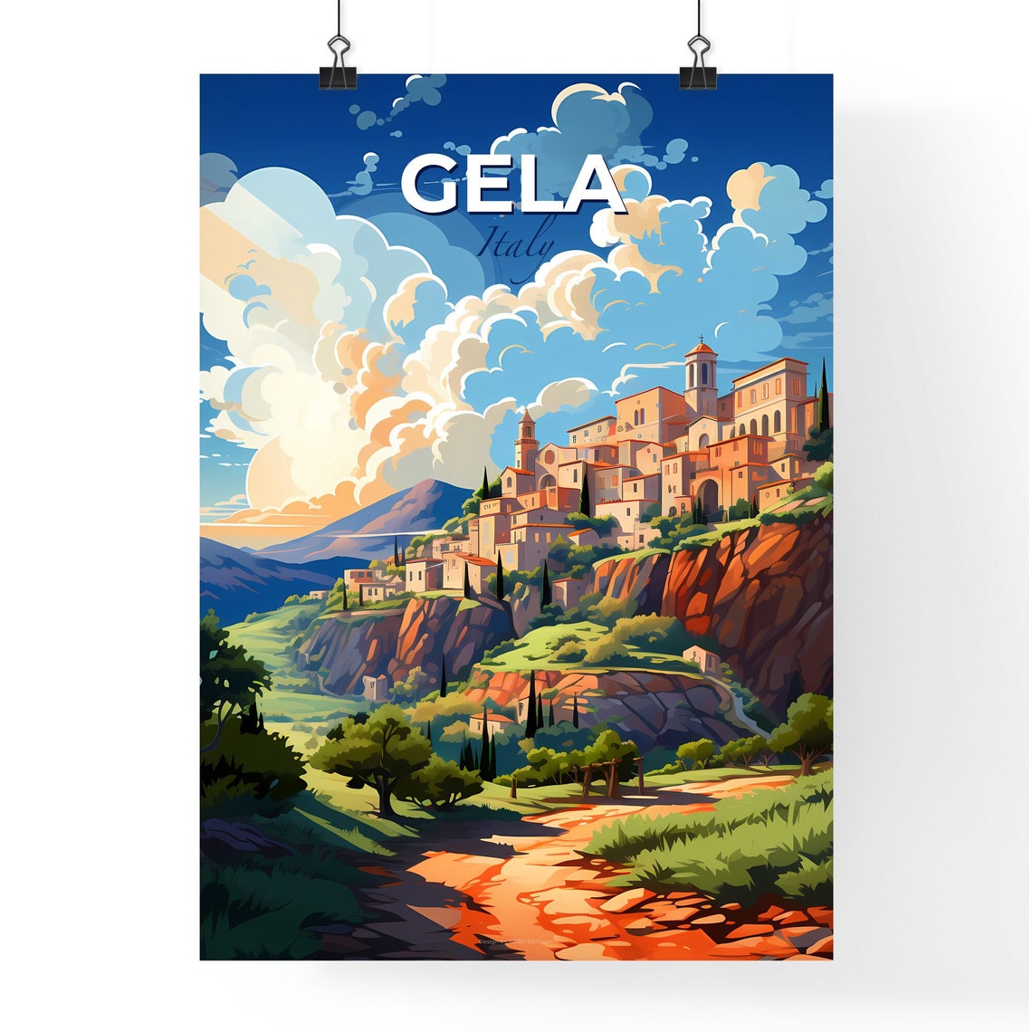 Gela Italy Hilltop Old Town Cliffside Village Vintage Travel Poster - Image 4