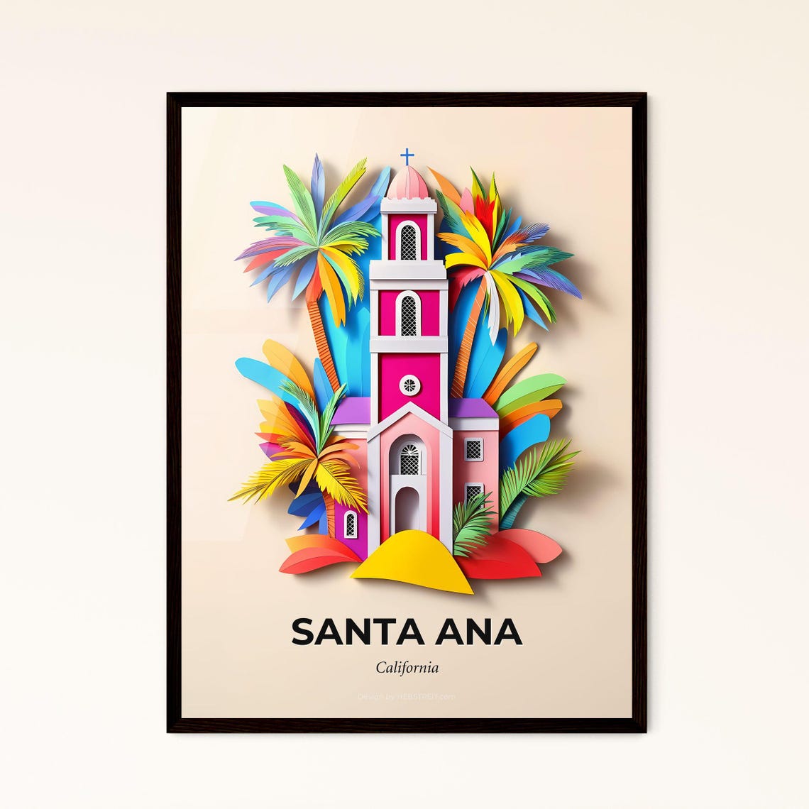 Santa Ana California Pink Church Tower Paper Cut Palm Trees Poster