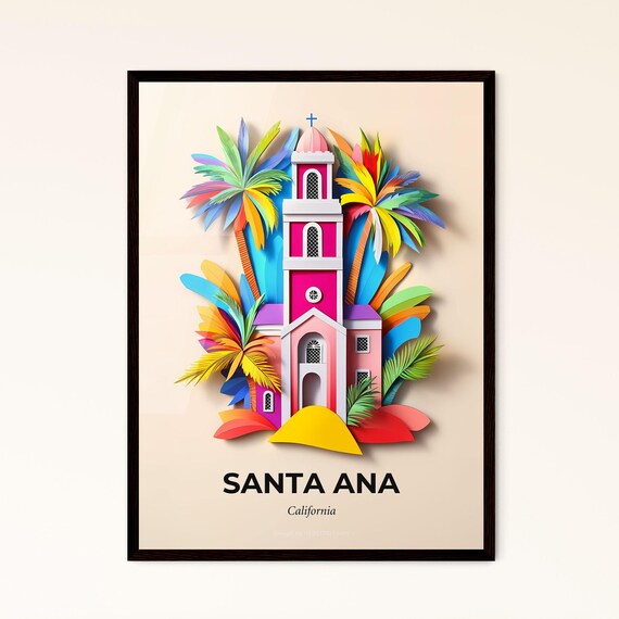 Santa Ana California Pink Church Tower Paper Cut Palm Trees Poster