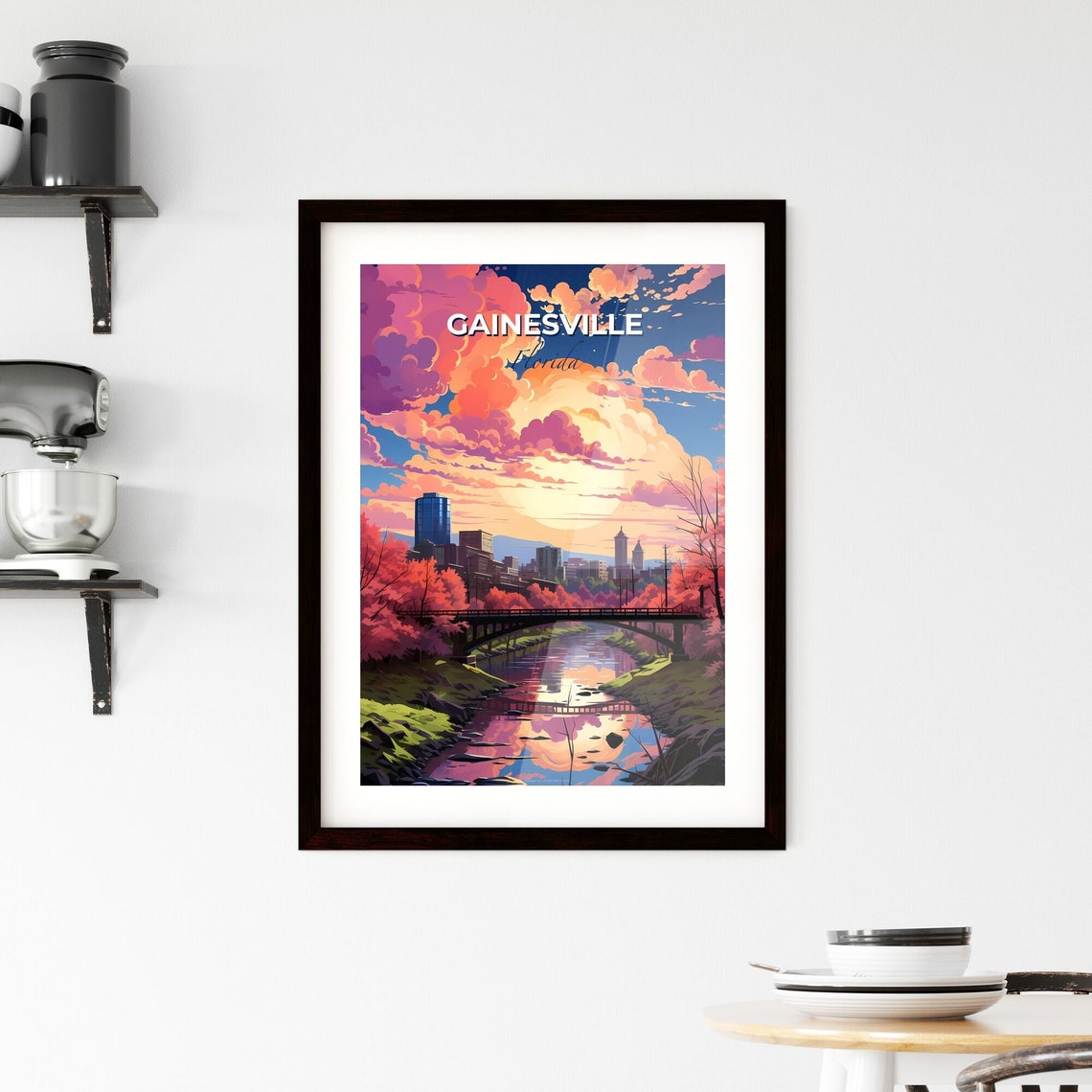 Gainesville Florida Sunset Skyline Over River Bridge Travel Poster - Image 2