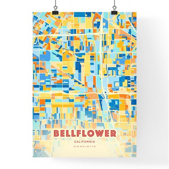 Colorful Blue and Orange Bellflower California Street Map Art City Poster