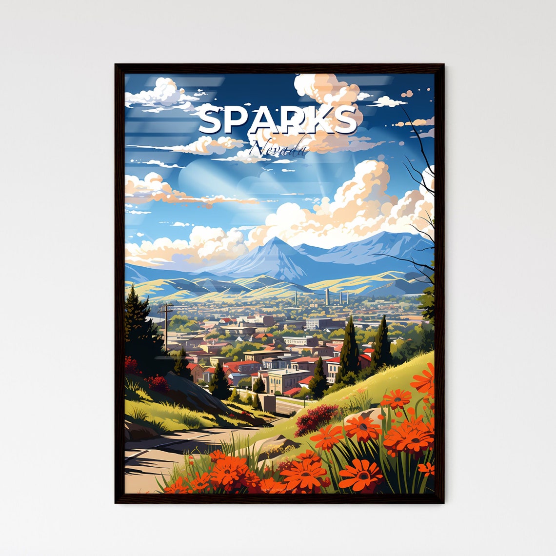 Sparks Nevada Town Beneath Blue Mountains Poppy Flowers Poster